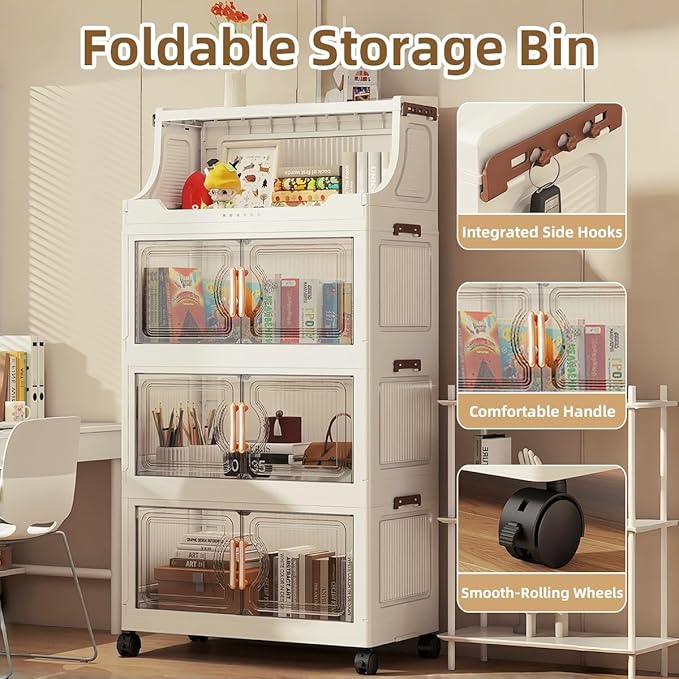 174QT Stackable Storage Bins with Lids & Rack, 4 Tier Large Capacity Foldable Storage Cabinet, Clear Collapsible Pantry Organizer for Home, Kitchen, Bathroom, Dorm, Office