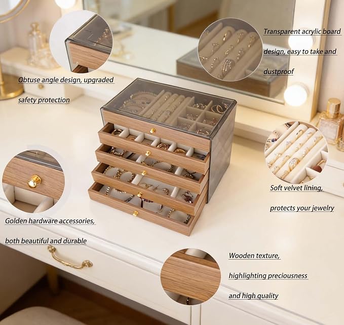 Wooden Jewelry Box Organizers and Storage for Girls Women 5 Drawers Multi-Layer Storage Case for Rings Earrings Necklaces Bracelets Vintage Box - Image 3