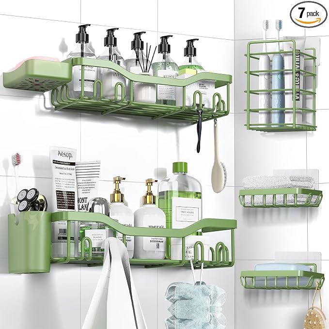 NESOMI Shower Caddy Adhesive Shower Organizer 7-Pack, Rustproof Stainless Steel Bathroom Shelves, Large Capacity No-Drill Rack Storage Accessories with Soap Dish Toothbrush Holder Hooks by OrganizeYourHomeEssentials
