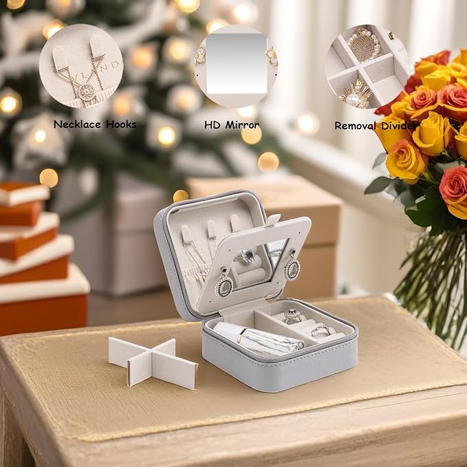 Vlando Small Travel Jewelry Box Organizer - Mirrored Jewelries Necklaces Rings Earrings Necklace Storage Case, Gray - Image 3