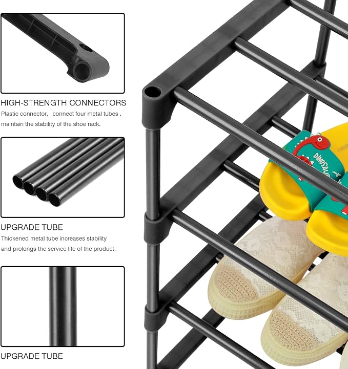 HITHIM 4-Tier Small Shoe Racks, Narrow Shoe Rack for 6-8 Pairs Shoe Storage,Kids Shoe Racks for Small Place,Lightweight Stackable Shoe Shelf Organizer for Closet,Black - Image 4