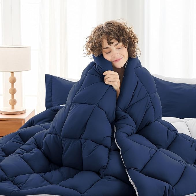 MUXHOMO 7 Pieces Oversized King Comforter Set, Reversible Bed in a Bag Oversized King Size, All Season Bedding Set with Comforter, Flat Sheet, Fitted Sheet, Pillowcases & Shams, Navy & Light Grey