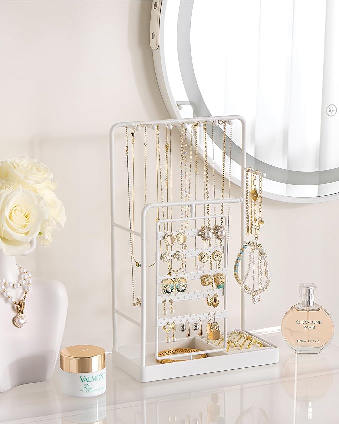 ProCase Jewelry Stand Holder Organizer, Jewelry Display Storage with Ring Tray, Rotating Earring Bracelet Necklace Holder, Valentine's Gifts Room Dorm Decor for Teen Girls -White (No-Assembly) - Image 2