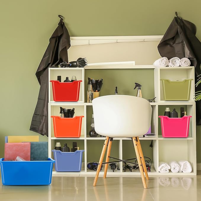Dandat 16 Pcs Plastic Book Bins for Classroom Library Cubby Bins Scoop Front Stackable Toy Storage Tubs Containers for School Office Home Nursery Playroom Organization(Vintage Color) - Image 6