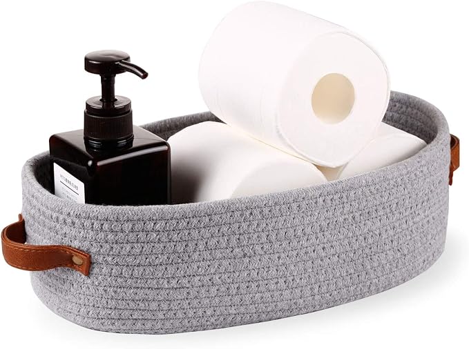 Cotton Rope Small Woven Toilet Paper Room Storage Basket with Handles for Bathroom, 13"x5.9"x4" Gary - Image 2