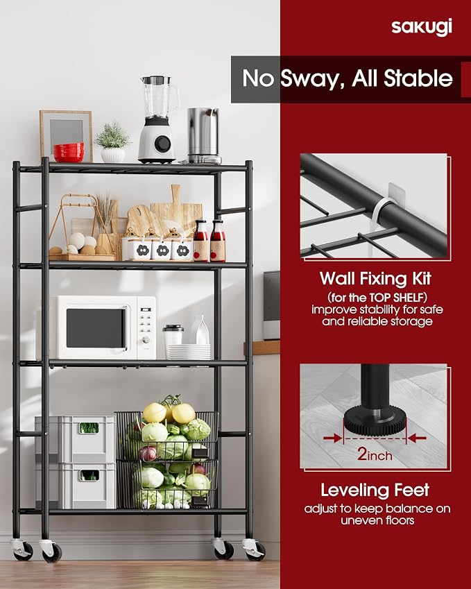 Sakugi Storage Shelves Organizer - 4 Tier Metal Shelf Organizer with Metal Wheels and Adjustable Leveling Feet, Heavy Duty Garage Shelving for Kitchen, Pantry and Closet, 33.1"x12.6"x58.9", Black - Image 4