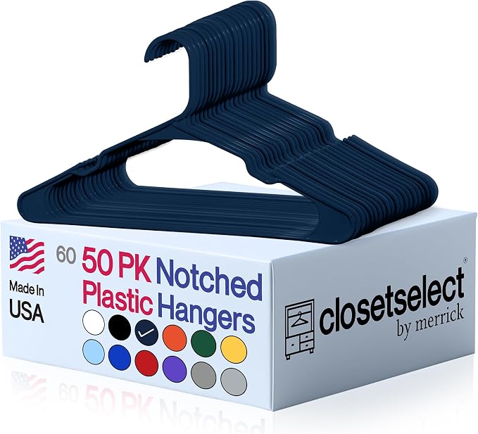 Closetselect Plastic Hangers 50 Pack - Space Saving Clothes Hangers, Made in USA, Durable & Strong Plastic Shirt & Coat Hanger with Notches & Shoulder Grooves, Non-Slip Hangers | Blue Sapphire by closetselect