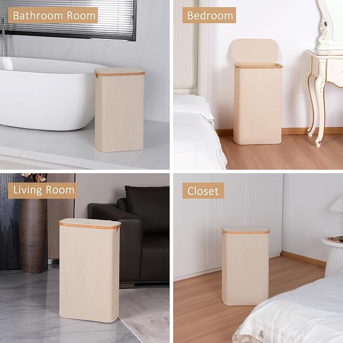 iEGrow 65L Slim Laundry Hamper, Narrow Laundry Basket with Lid,Foldable Clothes Hamper with Bamboo Handles,Hamper Basket with Removable Inner Bag for Laundry Room Bedroom College Dorm,Oatmeal - Image 7