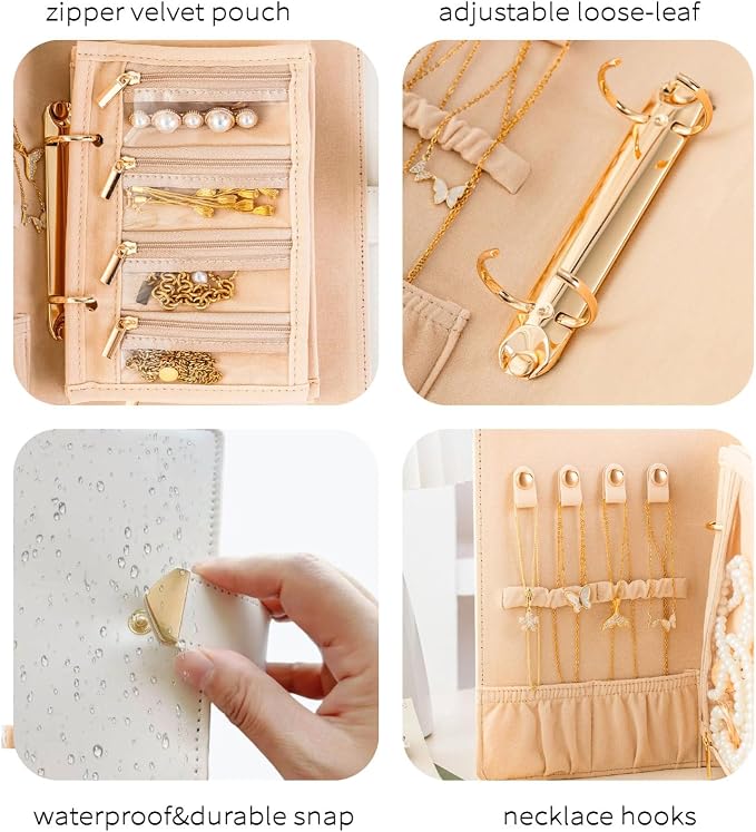 Travel Jewelry Binder Organizer, Portable PU Jewelry Book Organizer with 4 Necklace Clips & 5 Zipper Velvet Pouch For Rings,Necklace,Earrings - Perfect Jewelry Storage Book Gift For Women Girls - Image 3