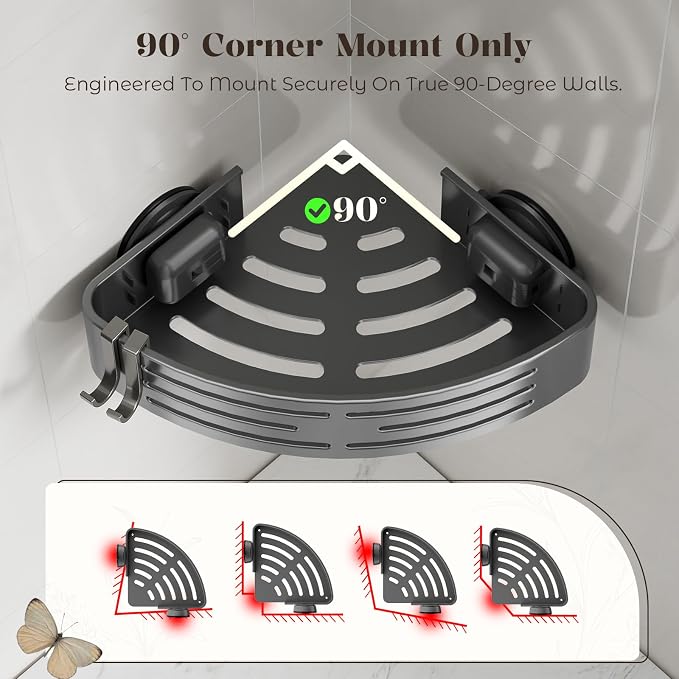 Corner Shower Caddy Suction Cup,Shower Shelves with Hooks,No Drilling Powerful Suction Bathroom Organizers and Storage,Removable Waterproof Rustproof Shower Bathroom Accessories Decor(Grey 1Pack) - Image 7