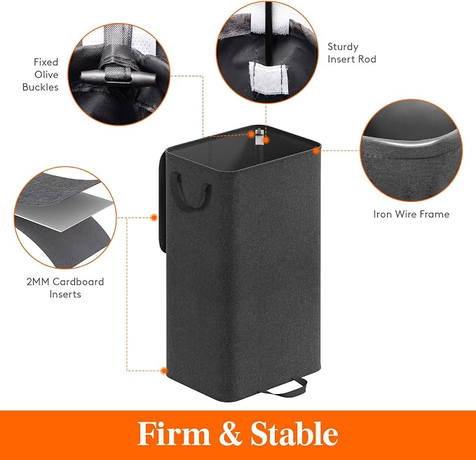 Lifewit Single Laundry Hamper with Lid and Removable Laundry Bags, Large Collapsible 1 Dividers Dirty Clothes Basket with Handles for Bedroom Laundry Room Closet Bathroom College, 100L Black - Image 2