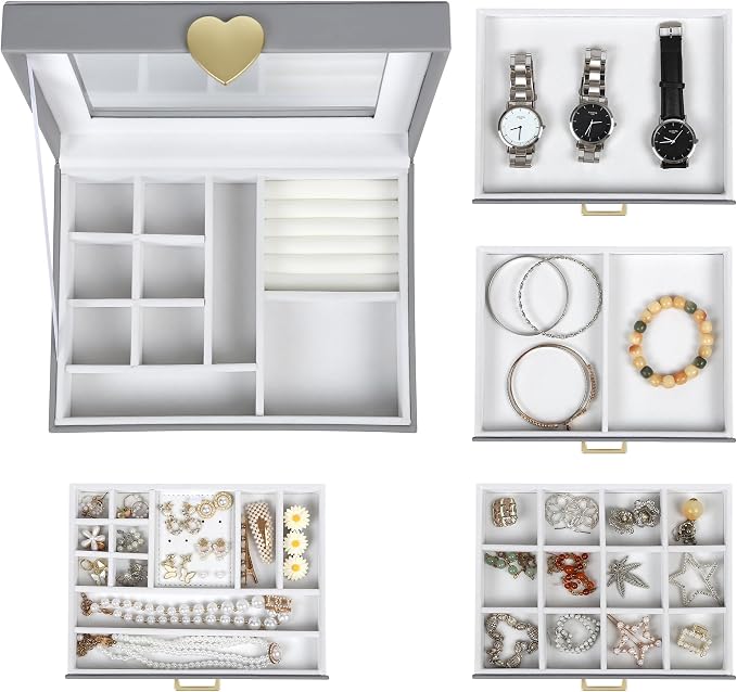 Kendal Jewelry Box, 5-Layer Jewelry Organizer Box with Glass Lid, Gray, Heart Shaped PU Leather, Storage Box for Necklace Earrings Rings Bracelets, Gift Idea for Girls LJC4DRGY - Image 6