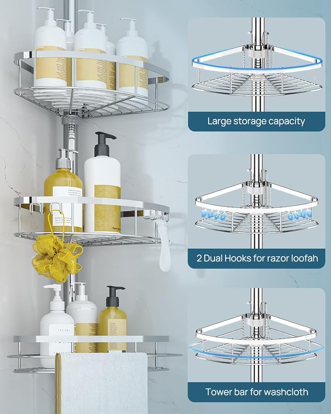 SEIRIONE Rustproof Shower Corner Caddy Organizer for Bathroom, 4 Adjustable Shelves with Tension Pole, for Bathtub Shampoo Accessories Storage Holder, 34 to 116 Inch Height, Silver - Image 6
