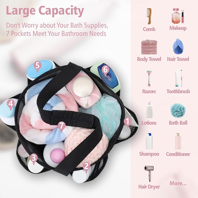 F-color Mesh Shower Caddy Portable, Large Capacity Shower Bag Basket Tote for College Dorm Room Toiletry Gym Rv Essentials, Bathroom Caddy Bag with S Hook, Black - Image 2