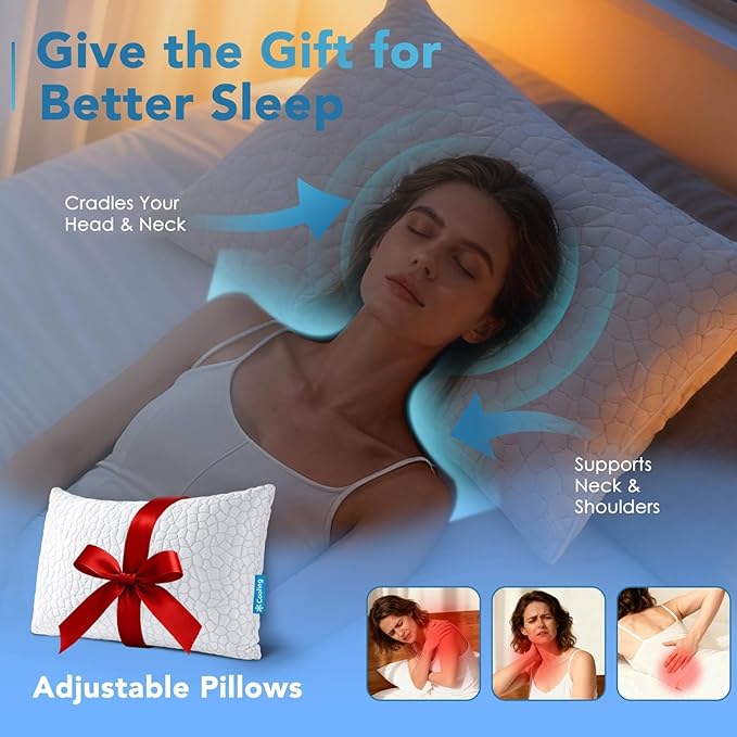 QUTOOL Cooling Pillow for Sleeping, CertiPUR-US Shredded Memory Foam Queen Pillow Set of 1, Cool Pillow for Hot Sleepers Adjustable Firm Pillow for Side, Back, Stomach Sleepers Soft Yet Support, White