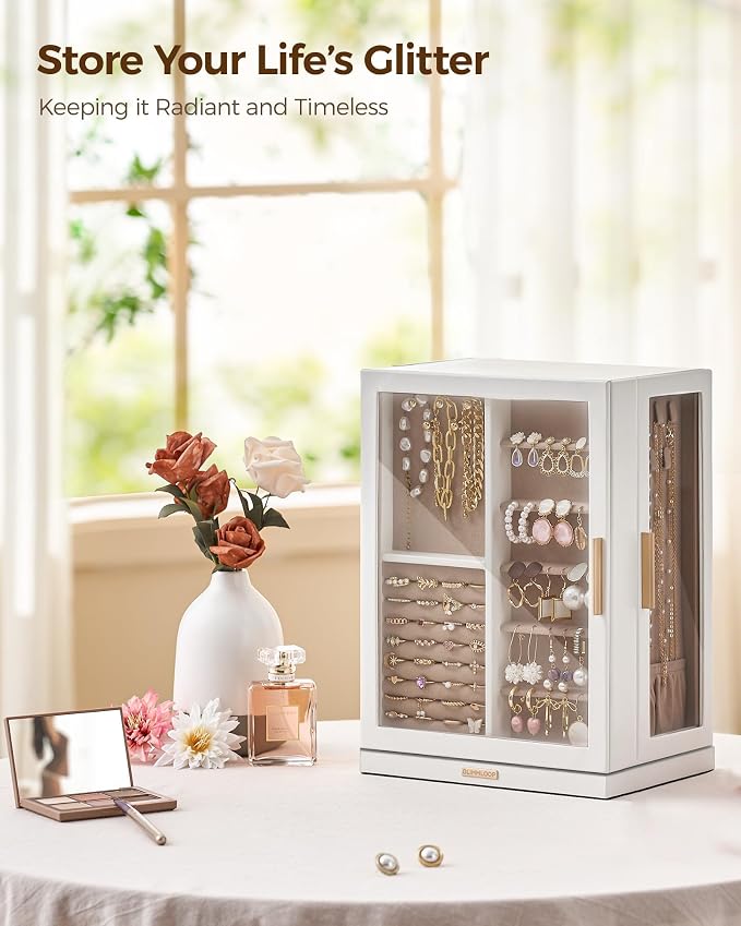 Glimmloop 360° Rotating Jewelry Box with 7 Drawers, Spacious Vertical Jewelry Organizer with Glass Window, Jewelry Storage Case, Dustproof & Moisture-resistant Design, White - Image 2