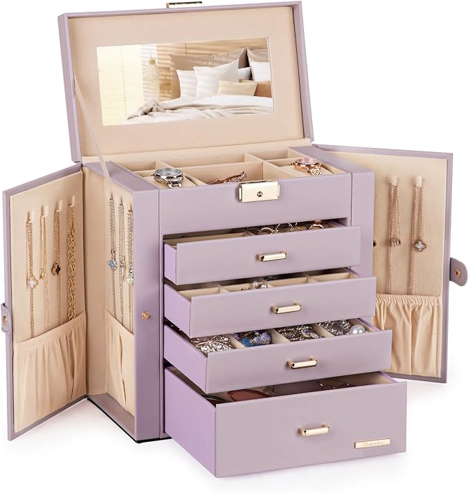 Homde Synthetic Leather Huge Jewelry Box Mirrored Watch Organizer Necklace Ring Earring Storage Lockable Gift Case (Grey Purple + Gold) by Homde