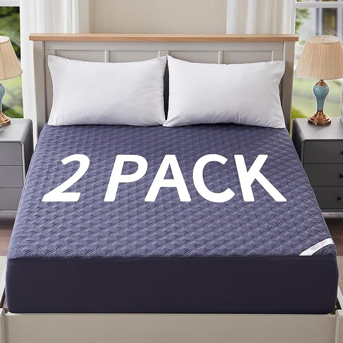 BEDLORE 2 Pack Waterproof Mattress Protector, King Size Pad with Deep Pocket 6"-18" Depth, Soft Breathable Dirt Proof Single Bed Mattress Cover for Bedroom, Dorm Room (Navy Blue)