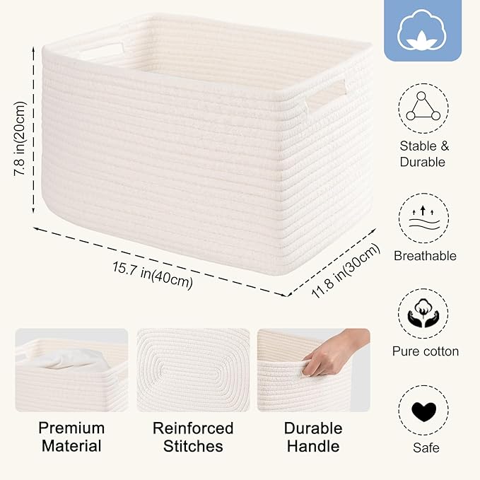 4 Pack Storage Baskets for Organizing, Woven Baskets for Shelves - Perfect for Toys, Books, Towels, and Clothes, Durable Gift Basket Bins Toy Storage, 15.7''Lx11.8''Wx7.8''H, White - Image 2