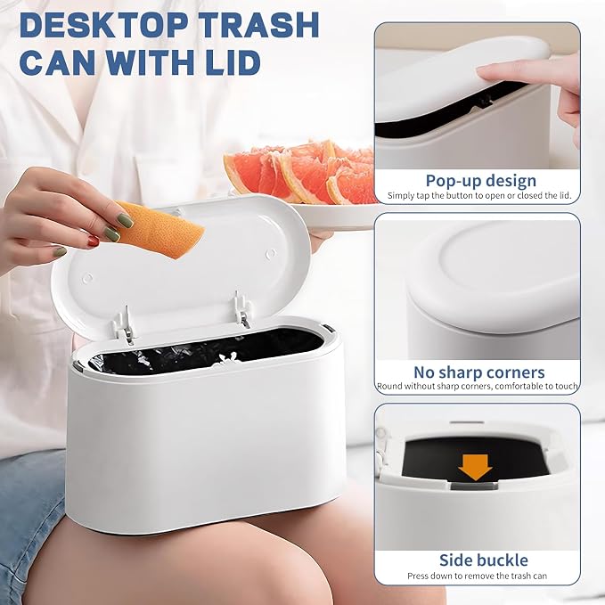 LTWQLing Mini Trash Can with Lid - Removable Small Garbage Can, Tiny Plastic Trash Bin, Pop Up Countertop Wastebasket, Counter Garbage Lint Bin for Bathroom,Office,Kitchen,Desk,Coffee Table(White) - Image 4