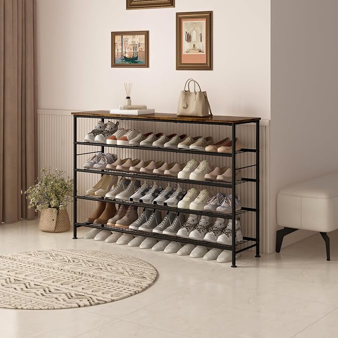 SUOERNUO Shoe Rack 5 Tier Shoe Storage Organizer Metal Mesh Shelves with MDF Top Board for Entryway, Hallway, Closet,Bedroom，Living Room (Black+Rustic Brown, Large 5 Tier) - Image 2
