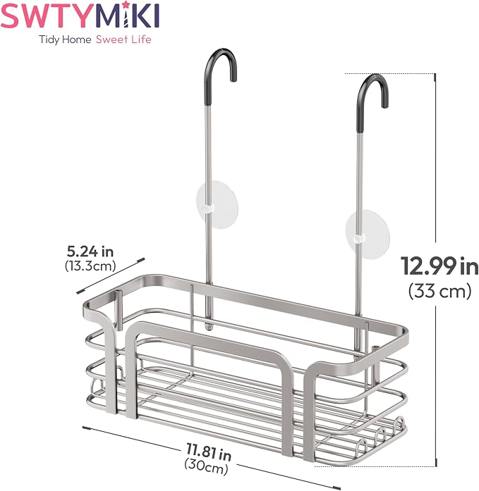 SWTYMIKI Shower Caddy Hanging Organizer - Over the Door Shower Caddy with 6 Hooks, 2 Installation Ways, Stainless Steel Rustproof Bathroom Organizer, Sand Nickel - Image 8
