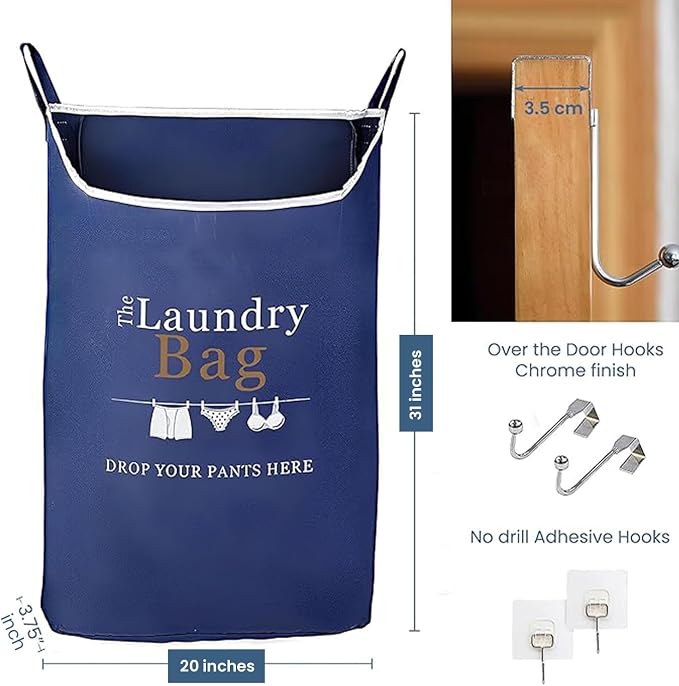 Fine Living Co. Large Hanging Laundry Hamper with Over Door Hooks & Adhesive, Durable Space Saving Laundry Bag with Zipper and Wide Open Top, Hanging Dorm Laundry Hamper (Navy Blue with Print-XL) - Image 2