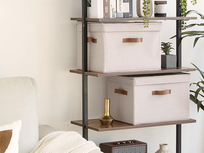 StorageWorks Fabric Storage Bins with Lid, Decorative Storage Boxes for Shelves, Stackable Closet Organizer Basket with Handles, Jumbo, Brown and Beige, 2-Pack - Image 6