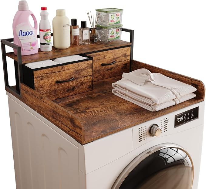 Unionly 2-Tier Washer Dryer Countertop single with shelf and fabirc drawer,laundry topper with Edge and Non-Slip Pad for Washer Dryer Laundry Hamper Counter Storage Organization (rustic brown, single) by Unionly