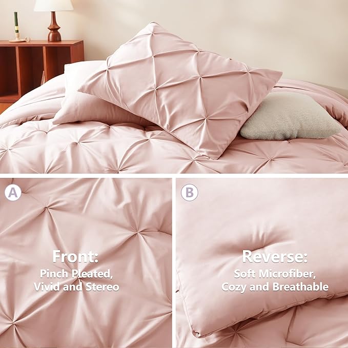 CozyLux King Size Comforter Set Blush Pink, 7 Pieces Pintuck Bed in A Bag Pink Comforter King Size, Pinch Pleat Bedding Set with All Season Comforter, Sheets, Pillowcases & Shams