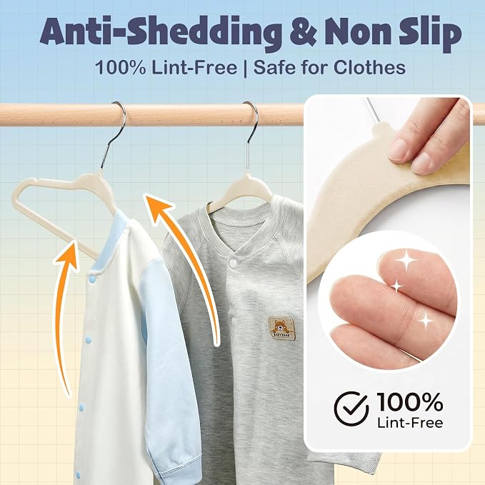 HOUSE DAY 11 Inch Velvet Baby Hangers 50 Pack Beige, Premium Kids Hangers for Children, Infant & Toddler Clothes, Durable Non Slip Small Baby Felt Hanger for Closet, Ideal for Everyday Use - Image 4