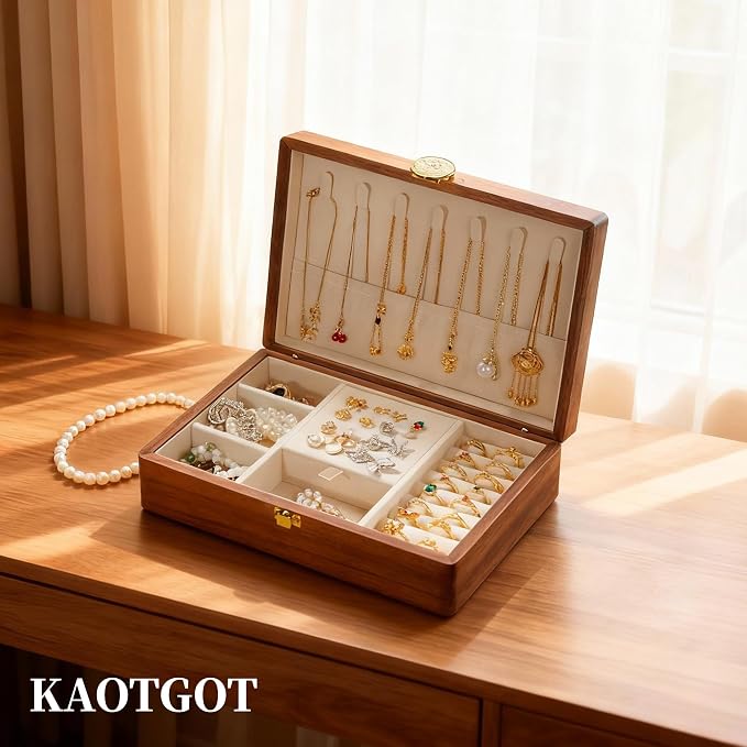 Travel Jewelry Case Small Wood Jewelry Organizer Jewelry Box for Women (Nut-Brown Print E) - Image 6