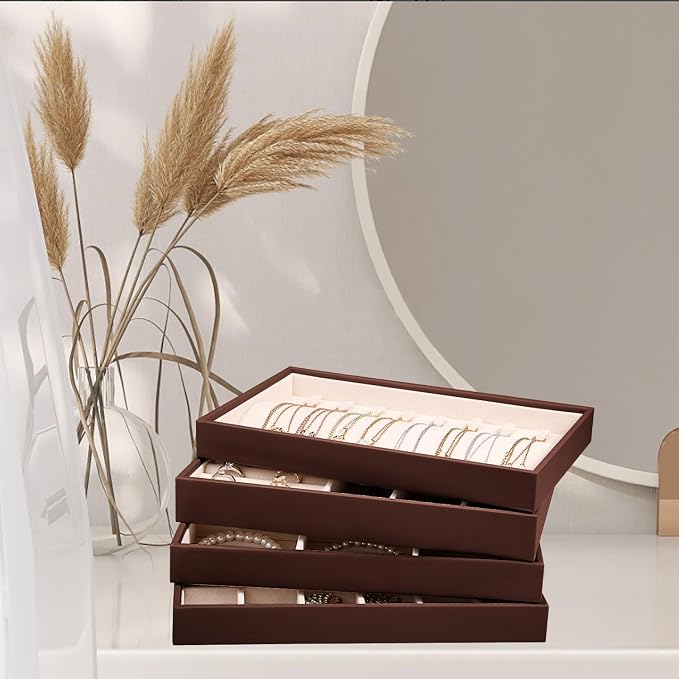 LANDICI Stackable Jewelry Organizer Trays 4 Set,PU Leather Jewelry Organizer Drawer,Jewelry Storage Display Tray for Earring Necklace Rings Bracelet with Removable Dividers,Coffee - Image 7