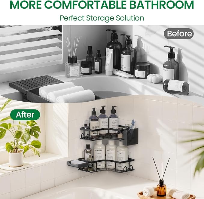 Adhesive Shower Caddy, 2 Pack Corner Bath Organizer, Rustproof Stainless Steel Shower Shelves with Large Capacity, No Drilling Shelves for Bathroom Storage, Home, Kitchen Décor - Image 6