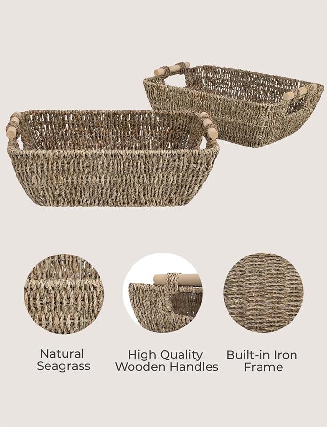 StorageWorks Hand-Woven Large Storage Baskets with Wooden Handles, Seagrass Wicker Baskets for Organizing, 2-Pack - Image 3