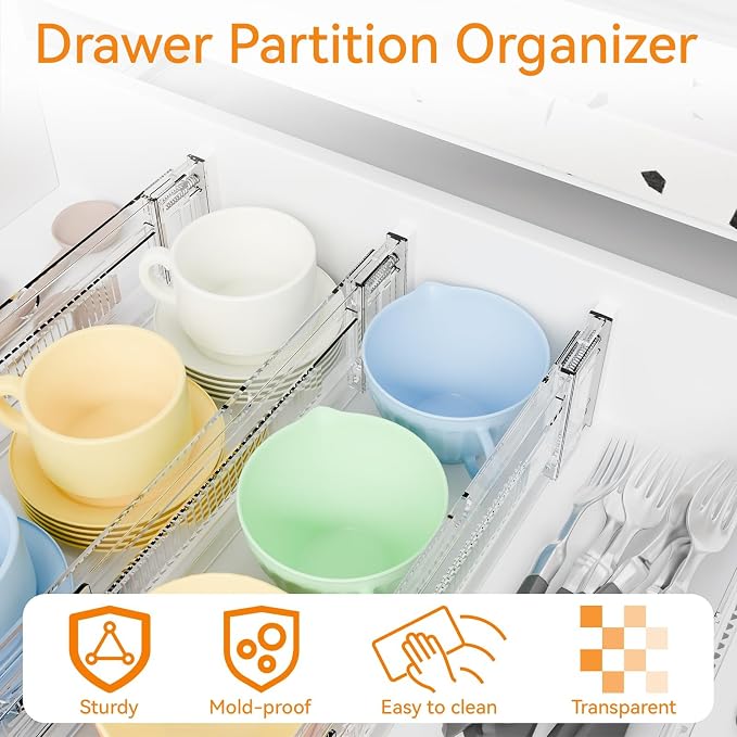 Yieach 4 Pack 3.2 Inch Shallow Acrylic Drawer Dividers for Clothes -Expandable from 15-21''- Adjustable Drawer Dividers for Baby Clothing,Sock,Underwear,Clear in Drawer Separators for Dresser,Kitchen - Image 9