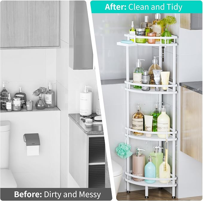 HapiRm Standing Corner Shower Caddy - 4 Tier Shower Organizer Corner with Soap Holder and 4 Hooks, Rustproof Bathroom Storage Shelves with Adhesives, White - Image 7