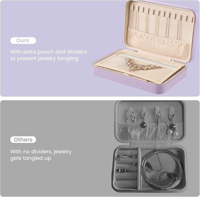 Lolalet Travel Jewelry Case for Women Girls, Travel Jewelry Organizer Box with Mirror & Clear Storage Bag, Small Portable Earring Necklace Bracelet Ring Case, Birthday Valentine Gifts -Large, Purple - Image 3