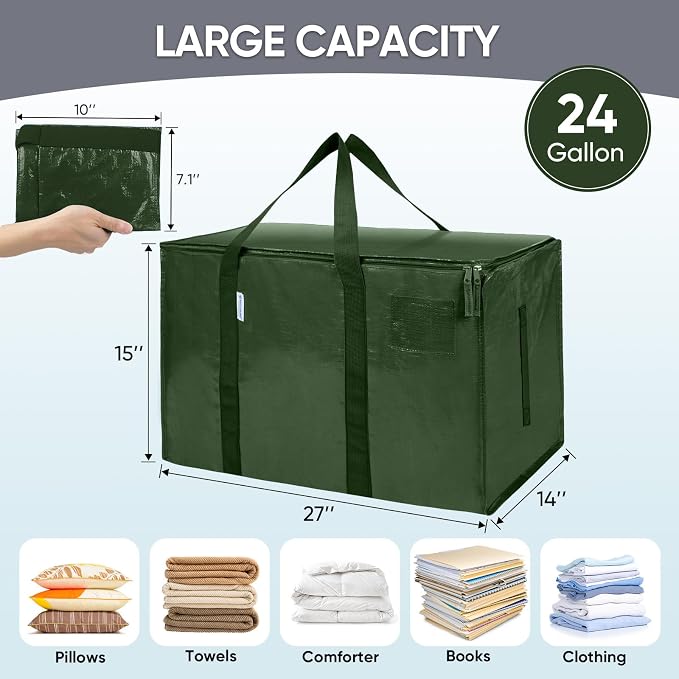 TICONN 8 Pack Extra Large Moving Bags Heavy Duty with Zippers & Carrying Handles, Durable Storage Bags Moving Boxes for Closet Organizers and Storage (8 Pack, Olive) - Image 5