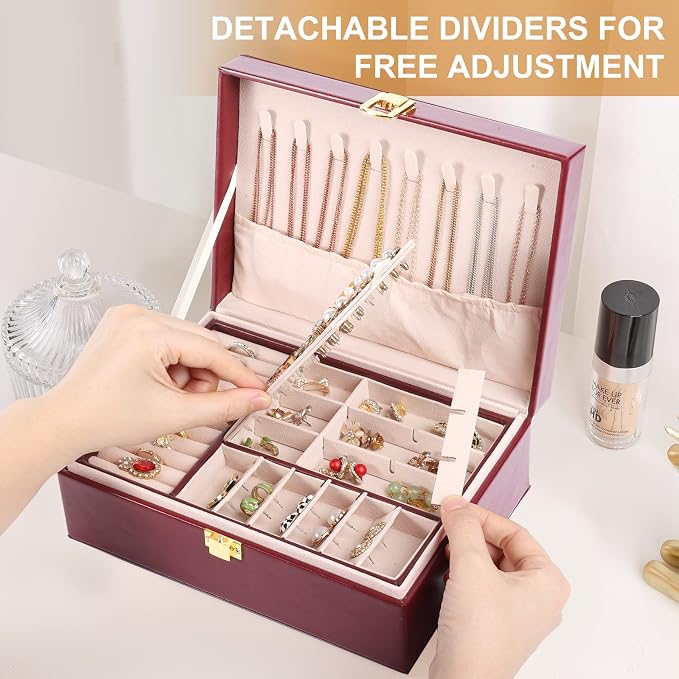 Jewelry Boxes for Women Girls PU Leather Jewelry Organizer Box 2 Layer Large Jewelry Storage Case Removable Tray for Necklace Earring Ring with Polishing Cloth and Jewelry Bags - Image 3