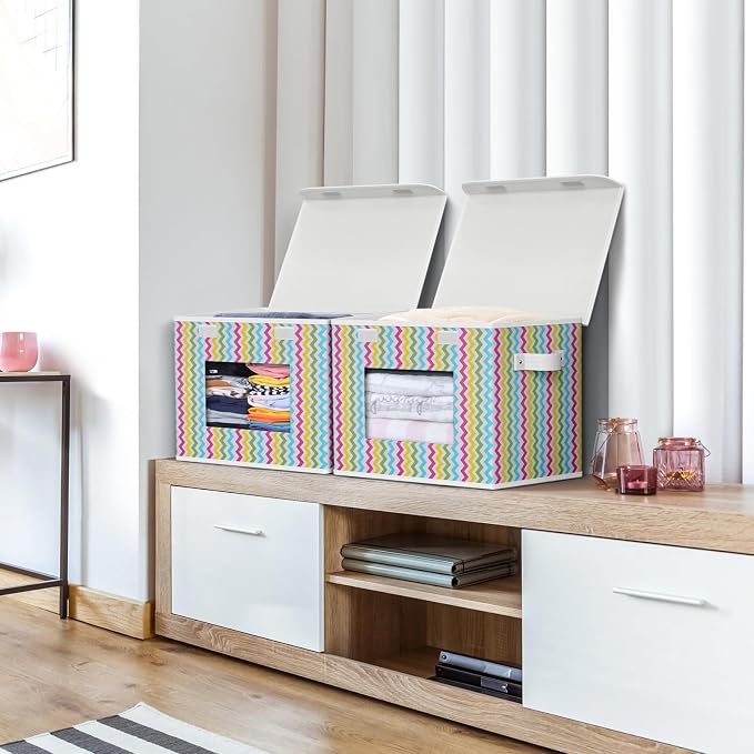 Univivi Fabric Foldable Storage Boxes [4-Pack] Large Collapsible Stackable Storage Bins with Lids, Closet Organizers and Storage Cube Basket for Home, Office, Bedroom (Colorful, 17”x 12” x 12”) - Image 5