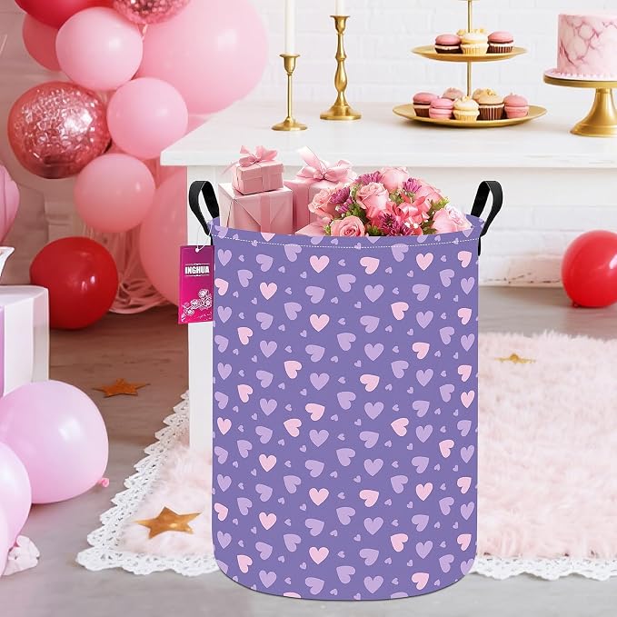 Laundry Hamper Large Canvas Fabric Lightweight Storage Basket/Toy Organizer/Dirty Clothes Collapsible Waterproof for College Dorms, Boys and Girls Bedroom,Bathroom(Purple hearts) - Image 5