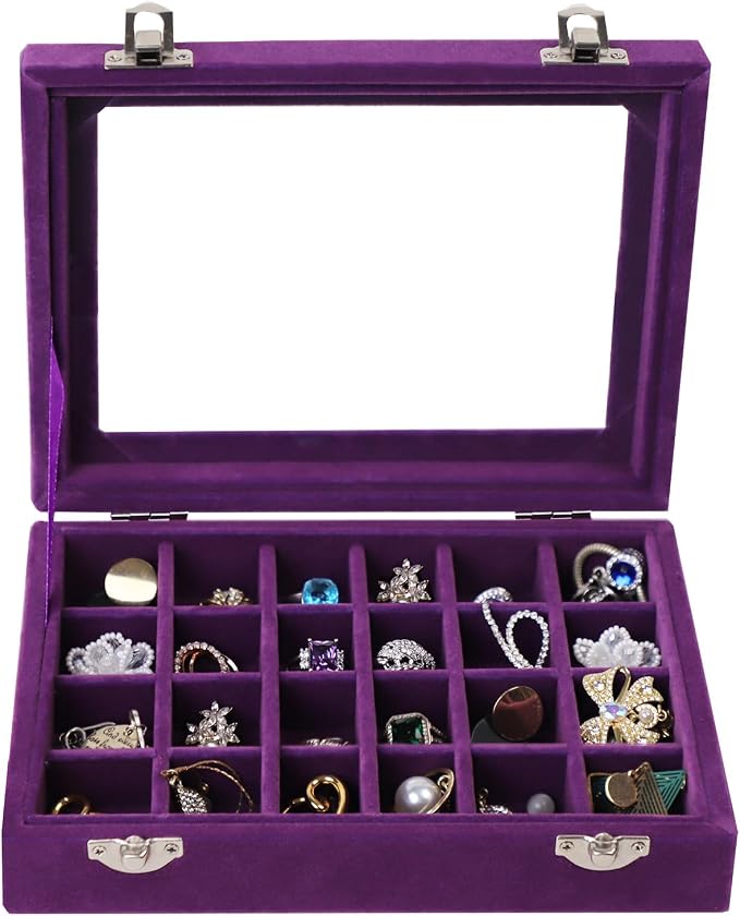 Velvet Jewelry Box 24 Grid Jewelry Earrings Display Organiser Box Ring Tray Holder Earrings Storage Case for Girls Women Wife Mom (Purple) by EONGOA