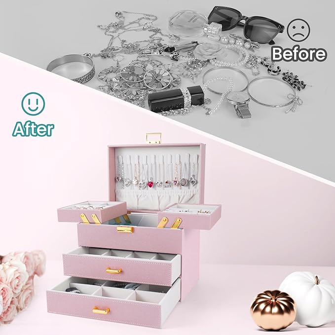 Dajasan Jewelry Organizer Box, Large Jewelry Boxes for Girls, Space-Saving 4 Layers Jewelry Storage Case with Drawer, Gift for Women, Movable Metal Stand, Modern (Pink+ Gold) - Image 2