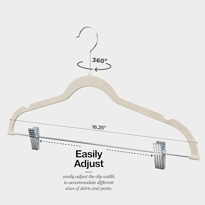 Home-it 10 Pack Velvet Hangers with Clips - Ivory Pants & Skirt Hangers - Ultra Thin No Slip Space-Saving for Pants, Skirts, Coats, Dresses, Tank Tops, Clothes - Image 4