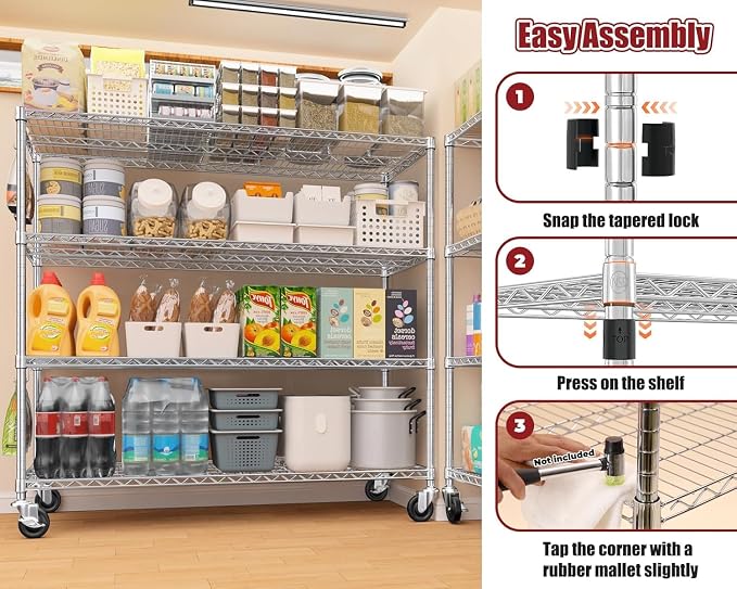 PrimeZone 4 Tier 55.5" Wx24 Dx76 H Wire Shelving with Wheels 2400lbs NSF Certified Storage Shelves Heavy Duty Metal Shelf Adjustable Rolling Rack Commercial Garage Restaurant Warehouse Chrome 2Pack - Image 5