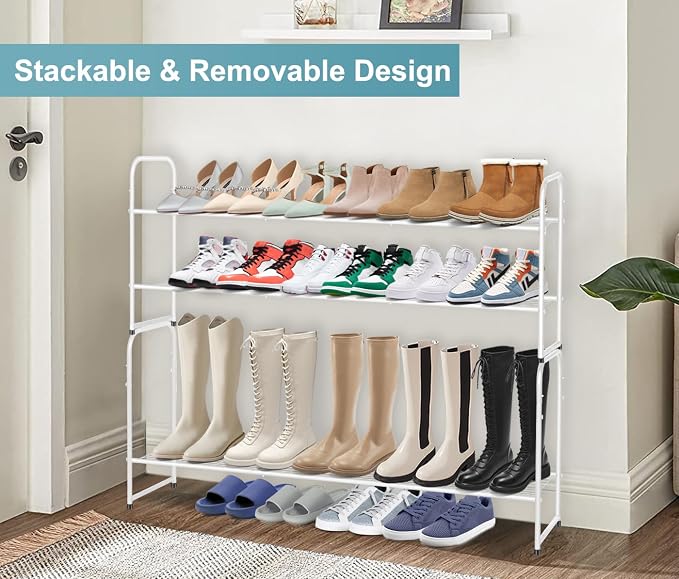 AOODA Long 2 Tier Shoe Rack for Closet Metal Wide Stackable Shoe Storage Organizer for Entryway, Bedroom, Floor, 18-Pairs Low Sneaker Shelf, White - Image 5