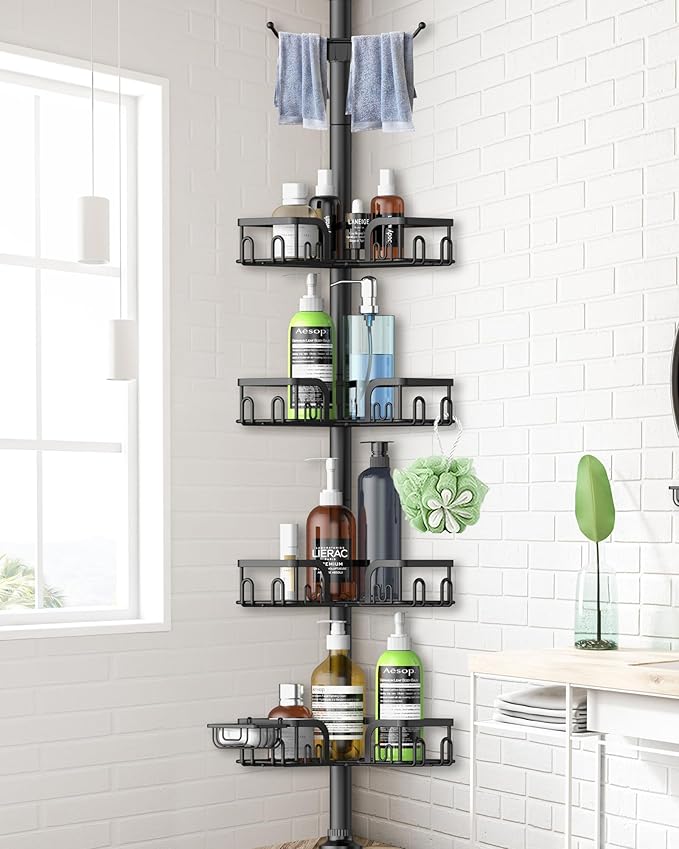 Corner Shower Caddy Tension Pole 4 Tier Adjustable Stainless Steel Shower Shelf for Inside Shower Bathtub Shampoo,Standing Bathroom Organizer Shelves with 39 to 113 inch Height by Clothink