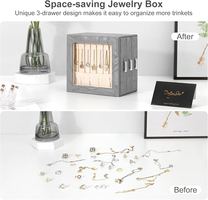 DesignSter Jewelry Box Organizer, Jewelry Box for Women, PU Jewelry Organizer Display Case with Side Drawers, Jewelry Storage for Earring Necklace Ring Bracelet Watch - Image 5