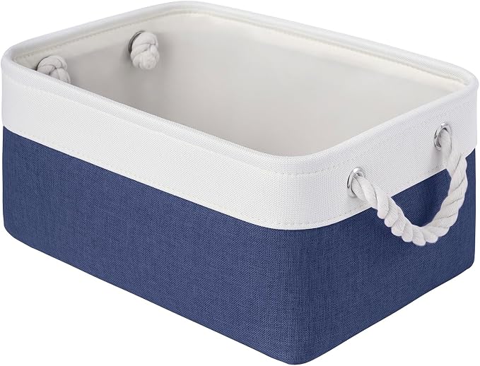 Storage Baskets for Shelves 13.8x9.8x6.7 Inch, Foldable Fabric Storage Bins with Handles, Small Storage Baskets for Organizing Closet, Office, Home Organization (1-Pack, White&Blue) by VQRTEXAStorageBasket